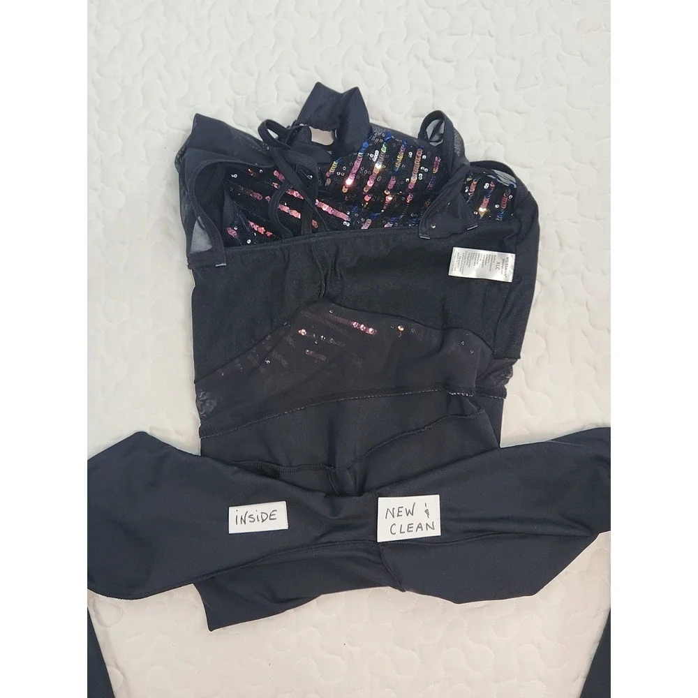 New XLC WEISSMAN Dance Costume Long Unitard Hit Me Hot Note 13784 Black Sequins